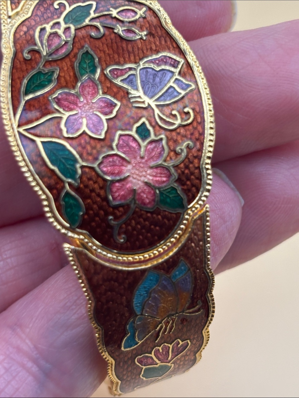 Gold-Tone Floral Cloisonné Hinged Bracelet in Brown Pink and Green - Picture 17 of 17